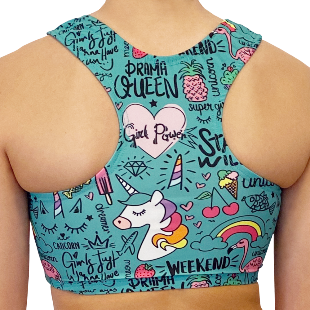Kikx Kayla Style Sleeveless Crop Top with Racer Back in Unicorn and Summer Theme on Turquoise Green Supa Matt