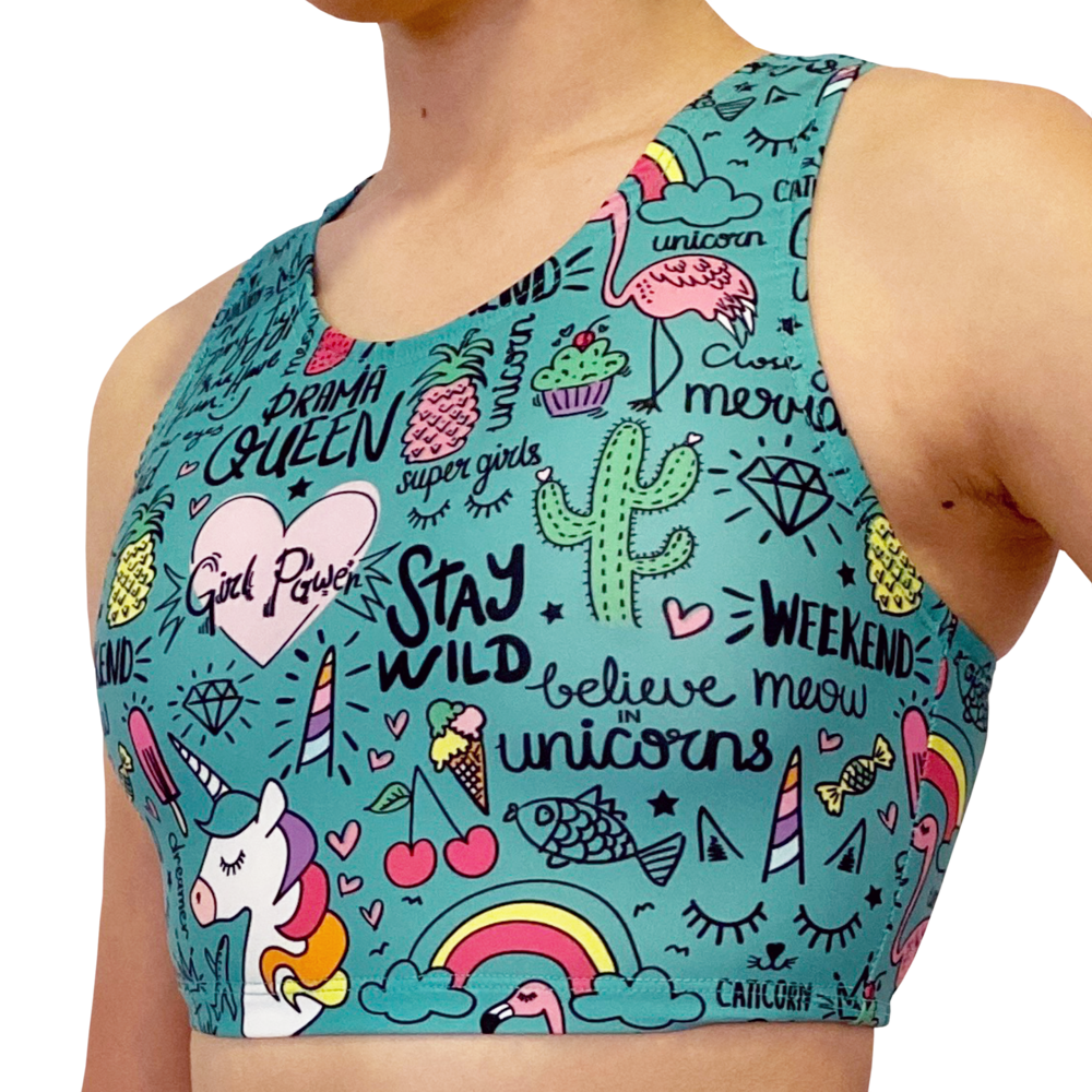 Kikx Kayla Style Sleeveless Crop Top with Racer Back in Unicorn and Summer Theme on Turquoise Green Supa Matt