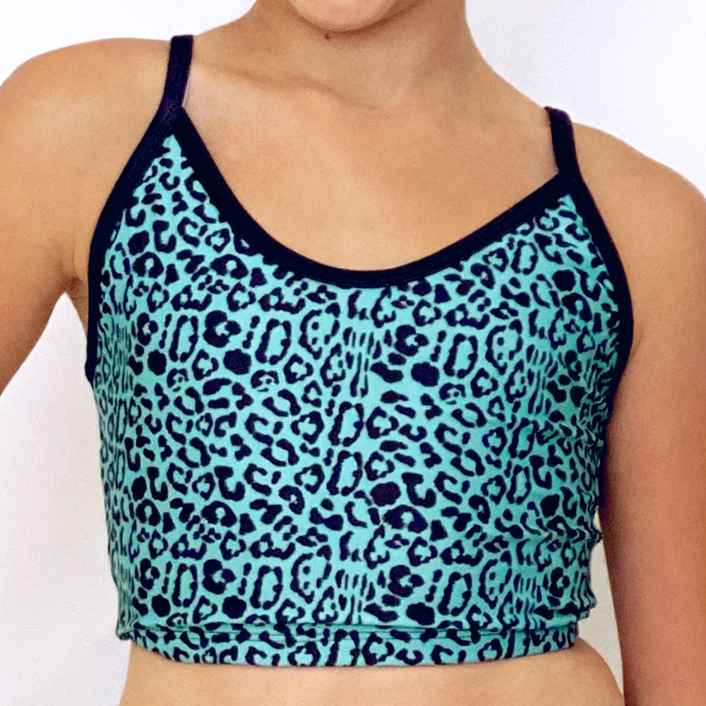 Kikx Crop Top with Strappy Racer Back in Leopard Print on Pale Aquamarine