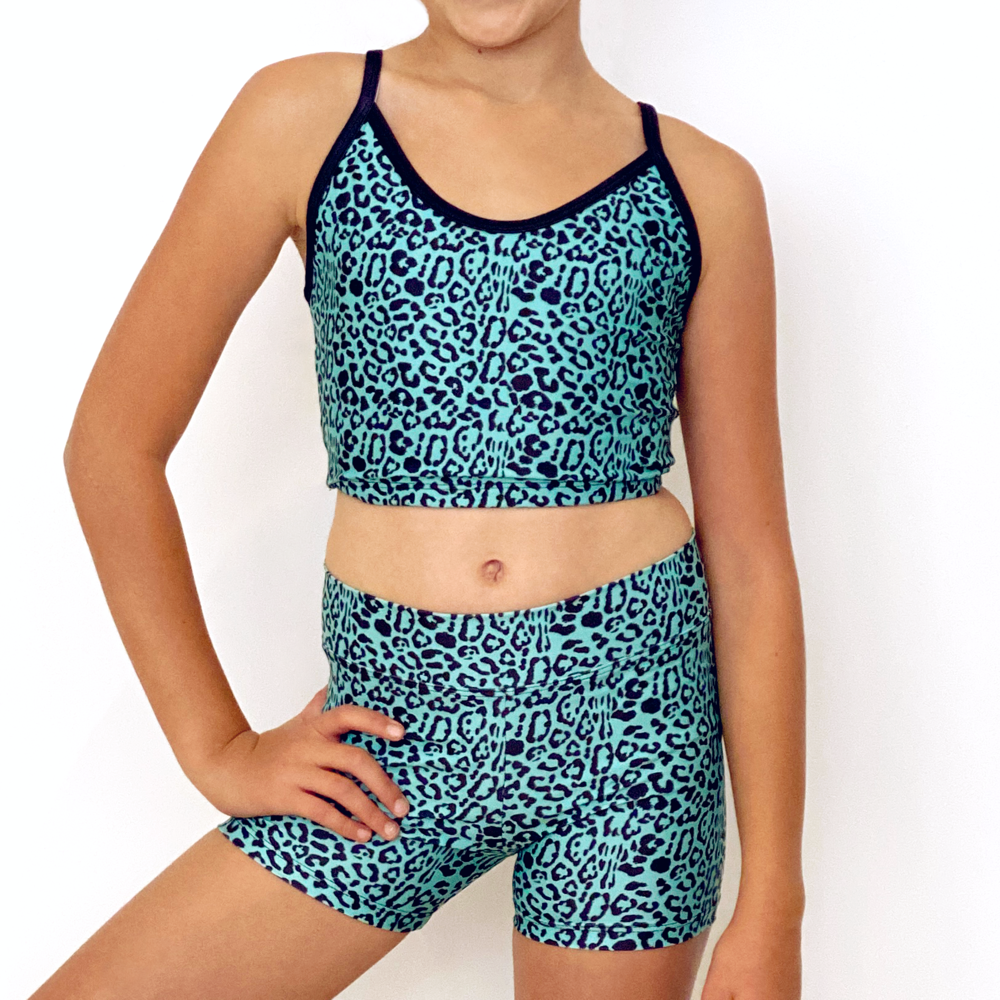 Kikx Crop Top with Strappy Racer Back in Leopard Print on Pale Aquamarine