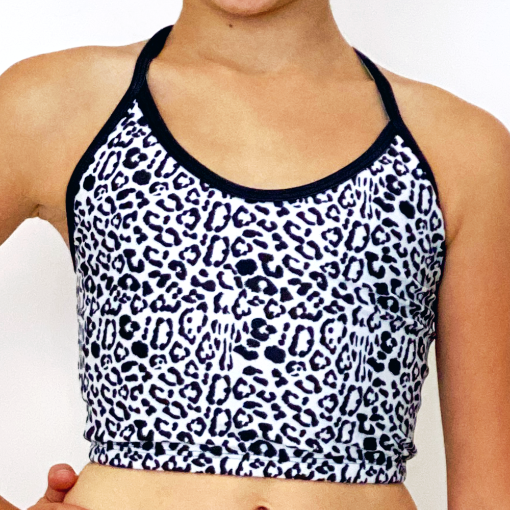 Kikx Crop Top with Thin Strap Criss Cross Back with Half Scoop Cutout in Leopard Print on White