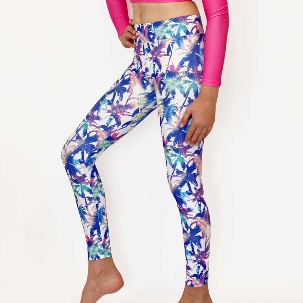 Kikx Full Length Leggings with High Waist in Multi-Colour Palm Tree on White