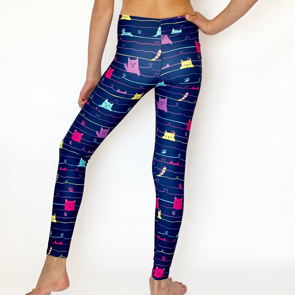 Kikx Full Length Leggings with High Waist in Navy with Sleepy Cats