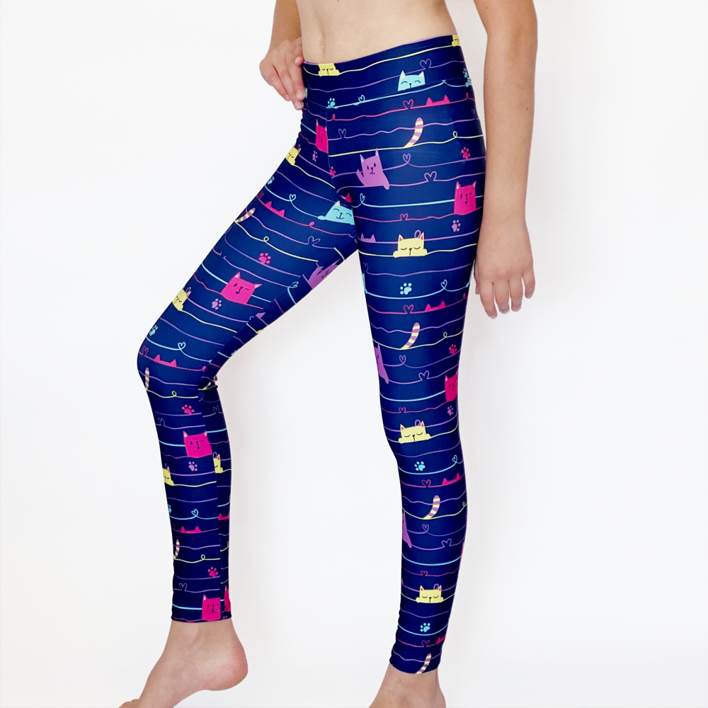Kikx Full Length Leggings with High Waist in Navy with Sleepy Cats