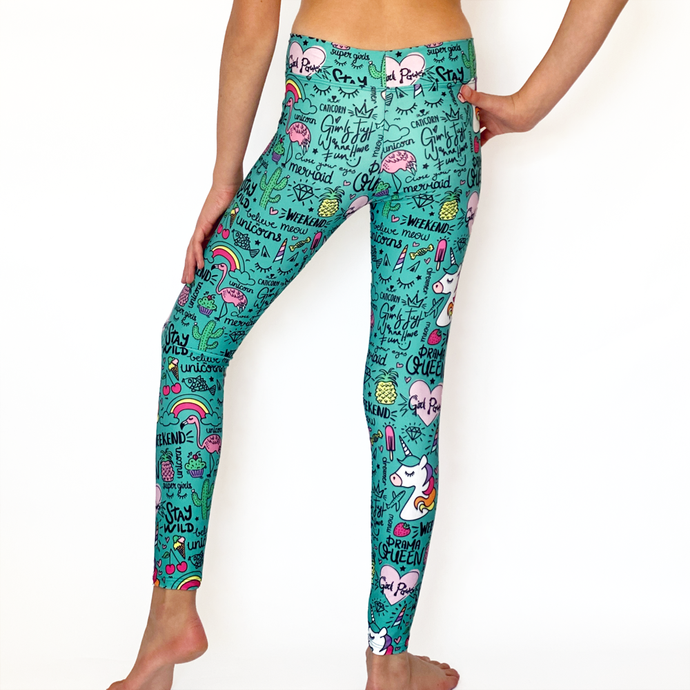 Kikx Full Length Leggings with High Waist in Unicorn and Summer Theme on Turquoise Green