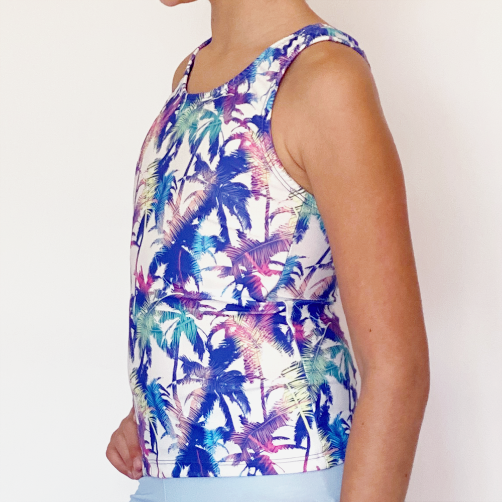 Kikx Full Length Top with Racer Back in Multi-Colour Palm Tree on White