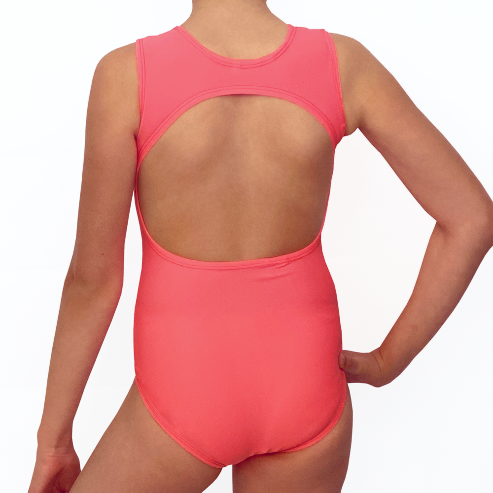 Kikx Skye Style Sleeveless Open Half Back Leotard in Plain Neon Coral
