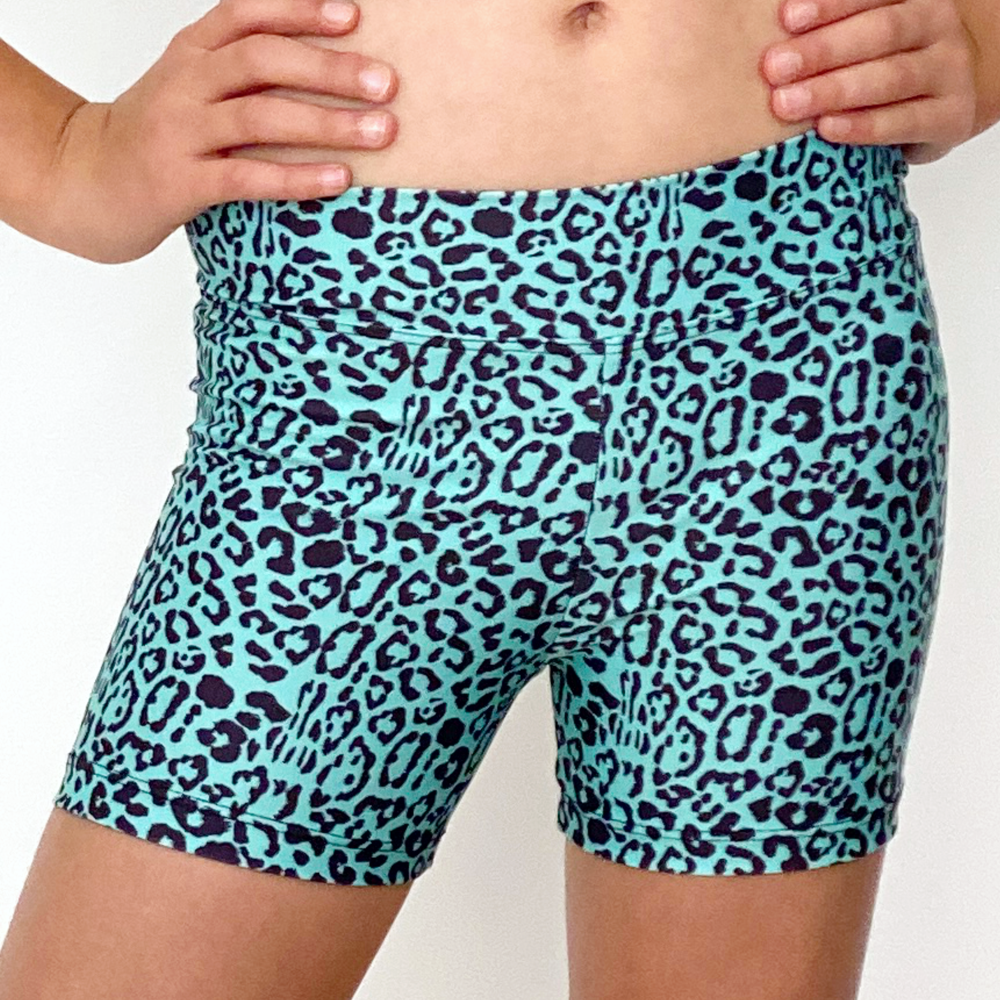 Kikx Mid Thigh Length Leggings with High Waist in Leopard Print on Pale Aquamarine