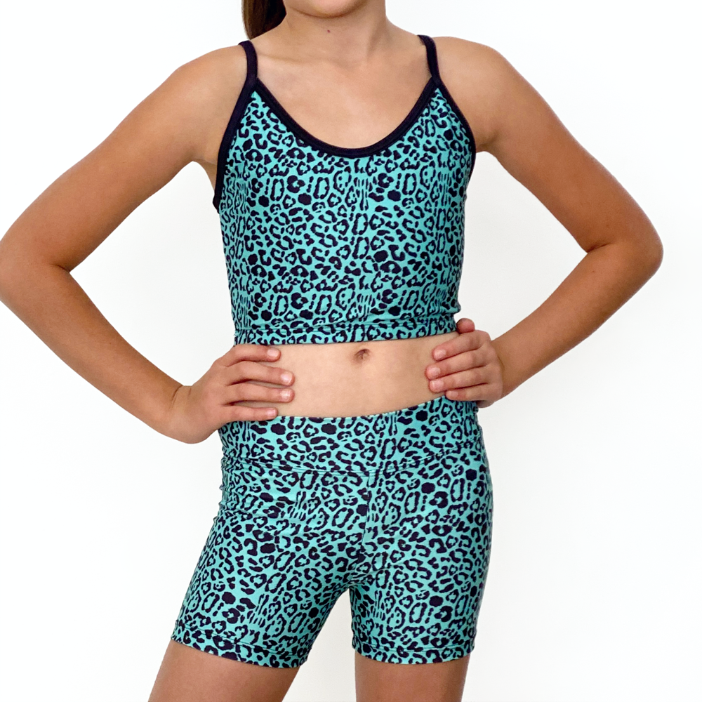 Kikx Mid Thigh Length Leggings with High Waist in Leopard Print on Pale Aquamarine
