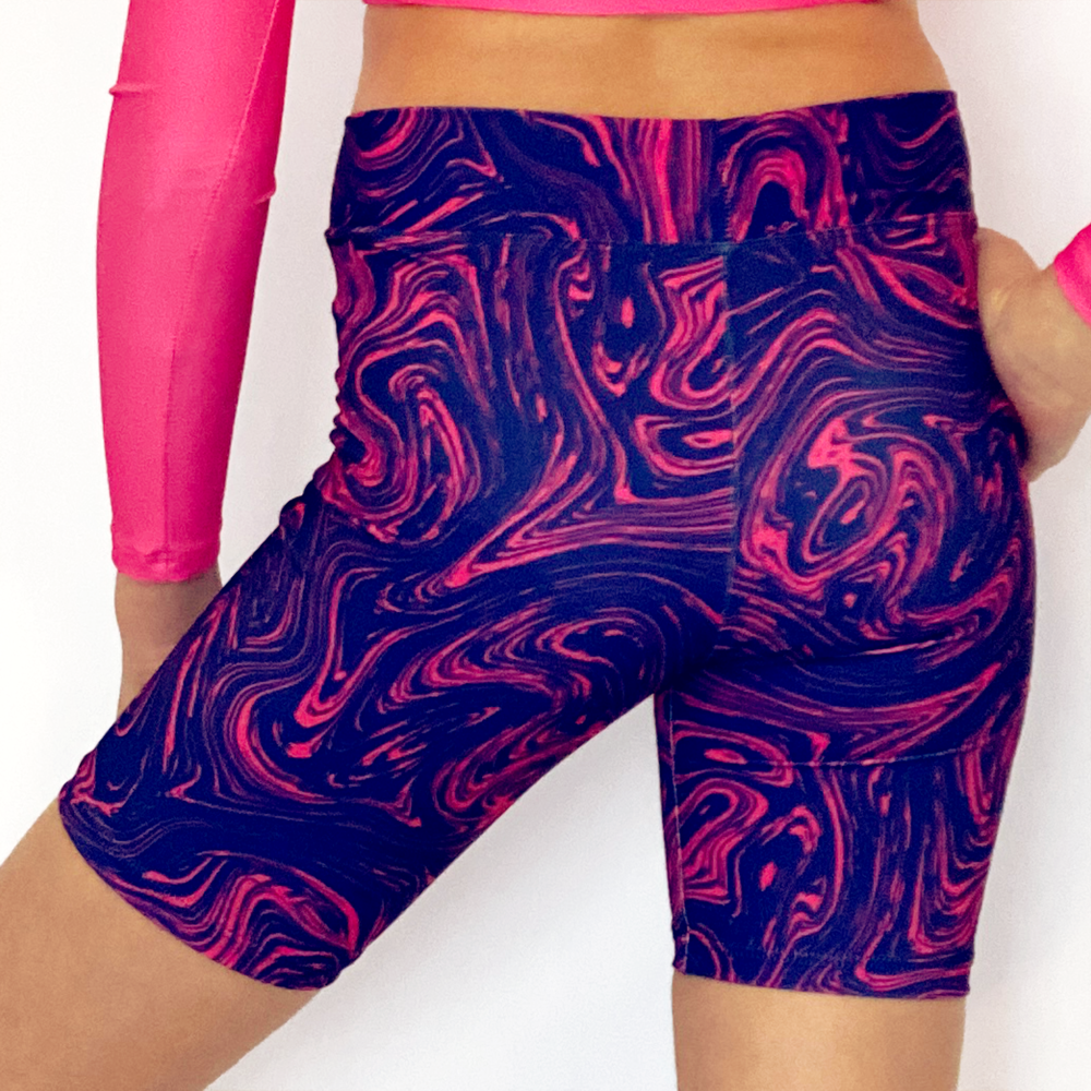 Kikx Mid Thigh Length Leggings with High Waist in Marbled Navy and Pink