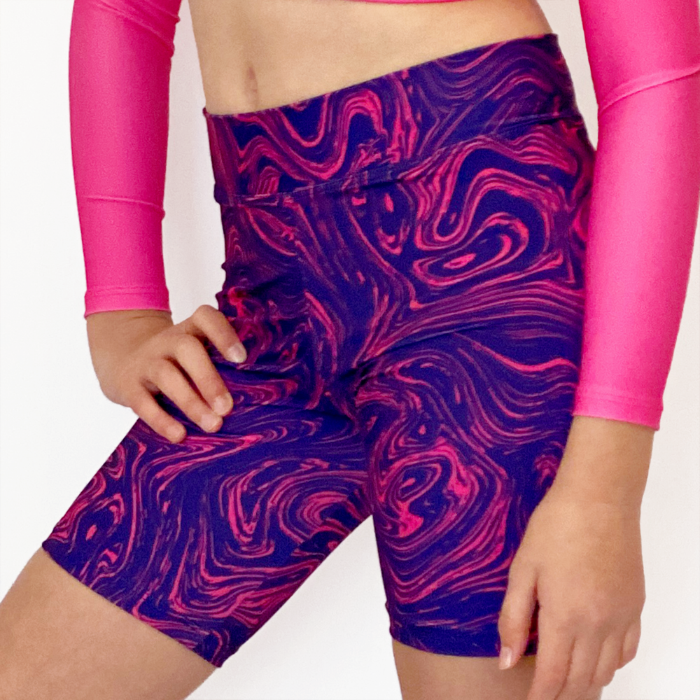 Kikx Mid Thigh Length Leggings with High Waist in Marbled Navy and Pink