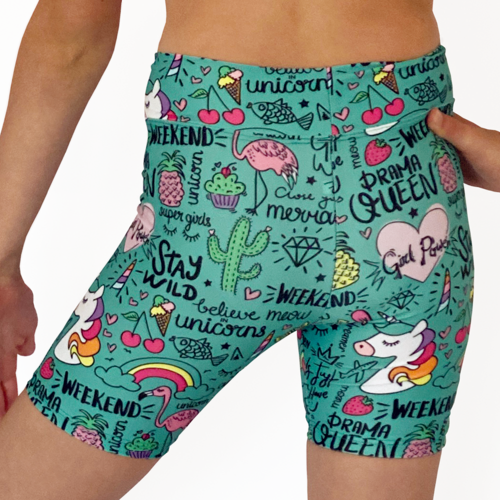 Kikx Mid Thigh Length Leggings with High Waist in Unicorn and Summer Theme on Turquoise Green