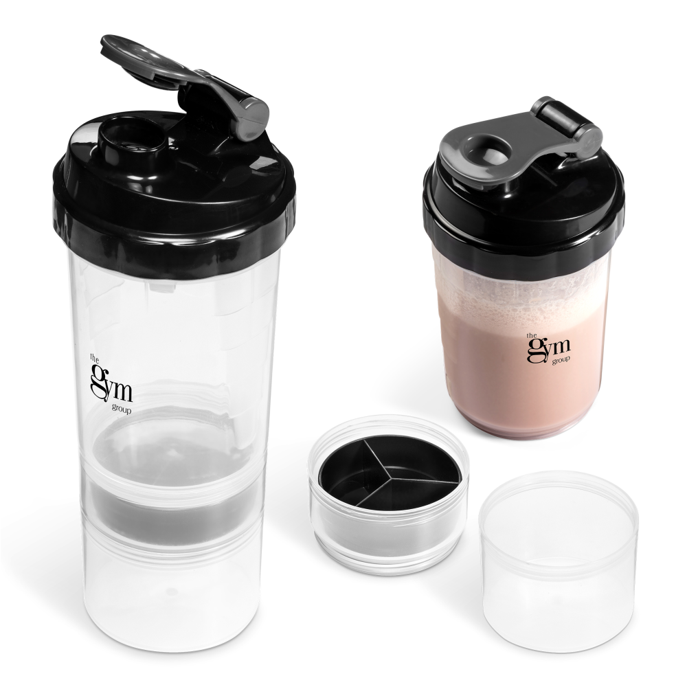 Powerhouse Plastic Brandable Protein Shaker Bottle in Clear with Black Lid