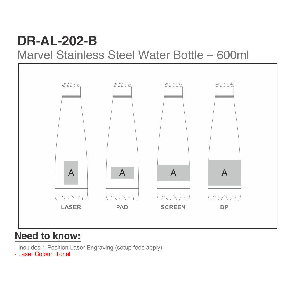 Marvel Tapered Stainless Steel Brandable Water Bottle in Silver with Black Cap Inner