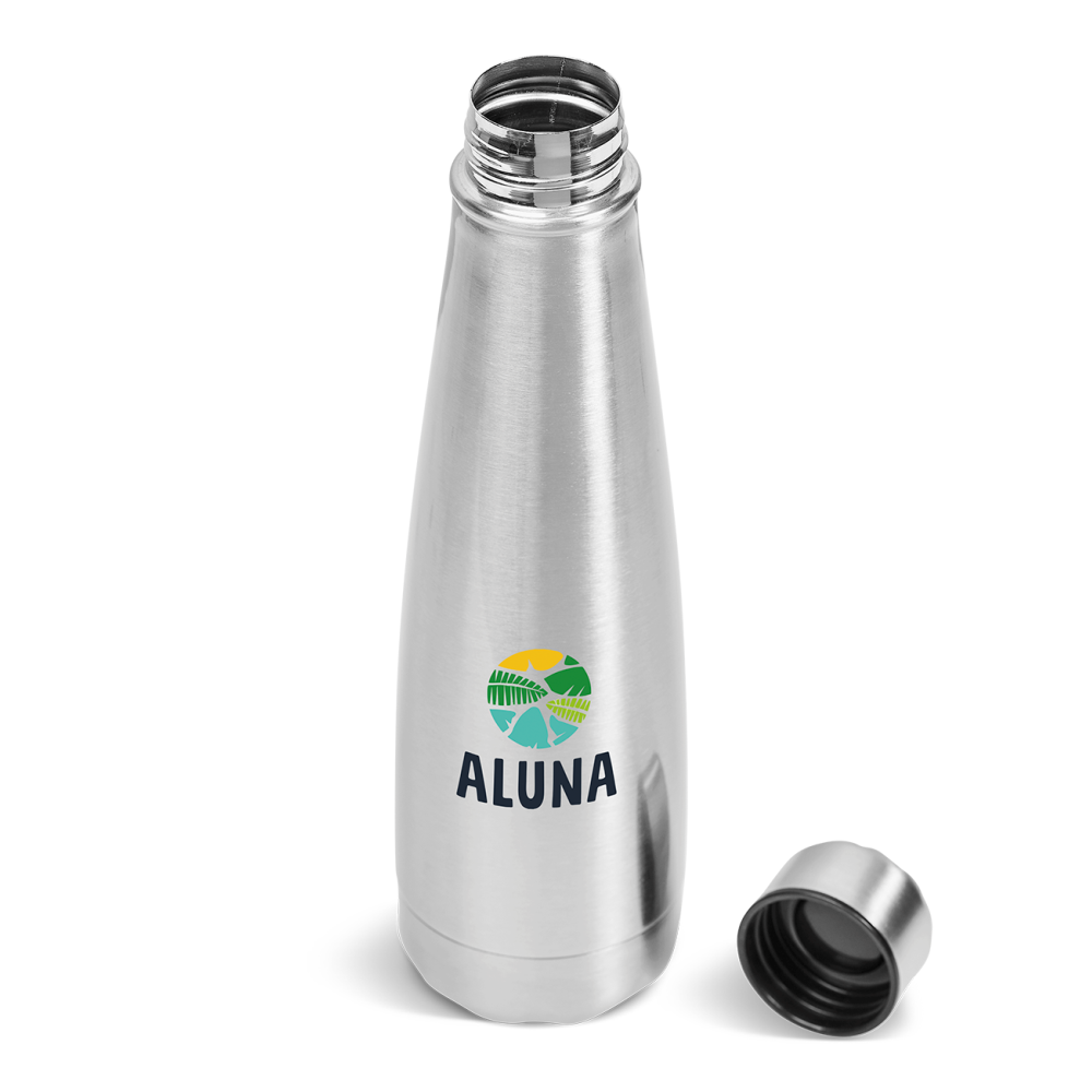Marvel Tapered Stainless Steel Brandable Water Bottle in Silver with Black Cap Inner
