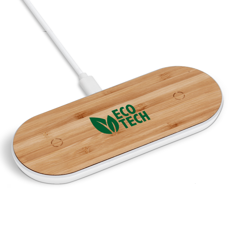 Maitland Double Brandable Wireless Charger in White and Bamboo