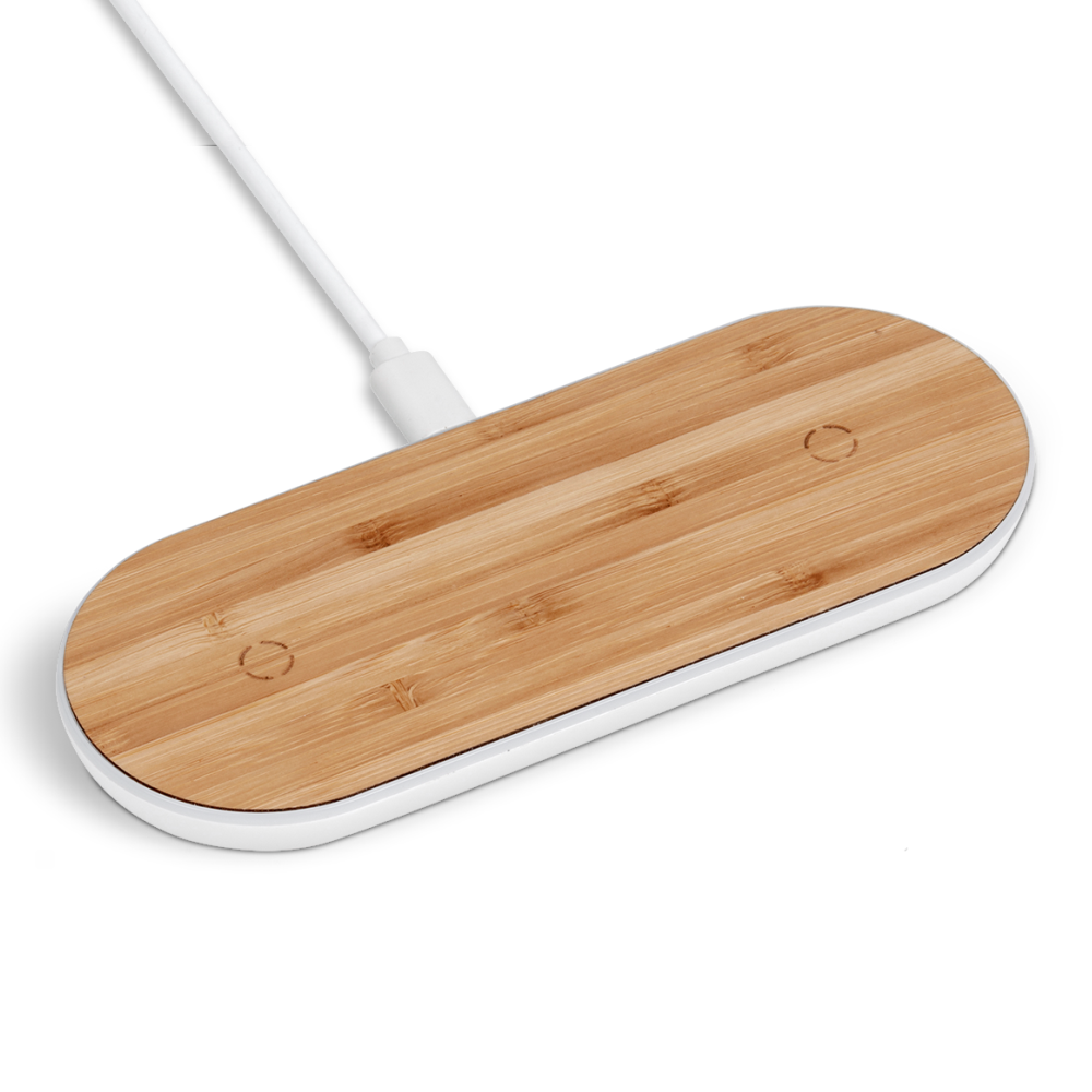 Maitland Double Brandable Wireless Charger in White and Bamboo