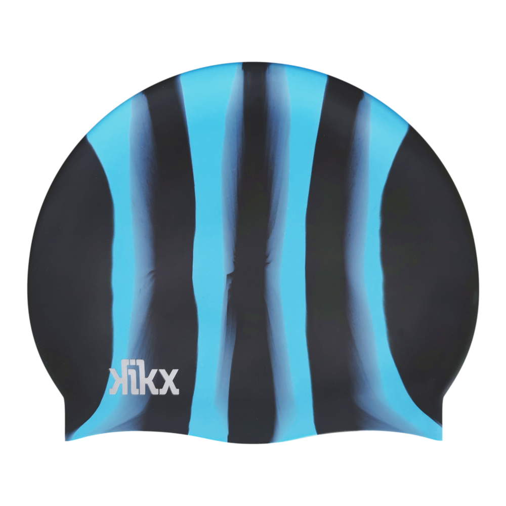 Kikx Multi-Colour Plain MI121 Black and Light Sky Blue Vertical Stripes Silicone Swim Cap