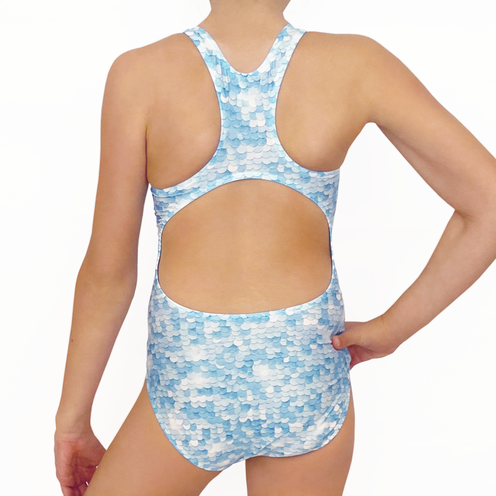 Kikx Extra Life Fastback Swimsuit in Blue and White Sequins Effect