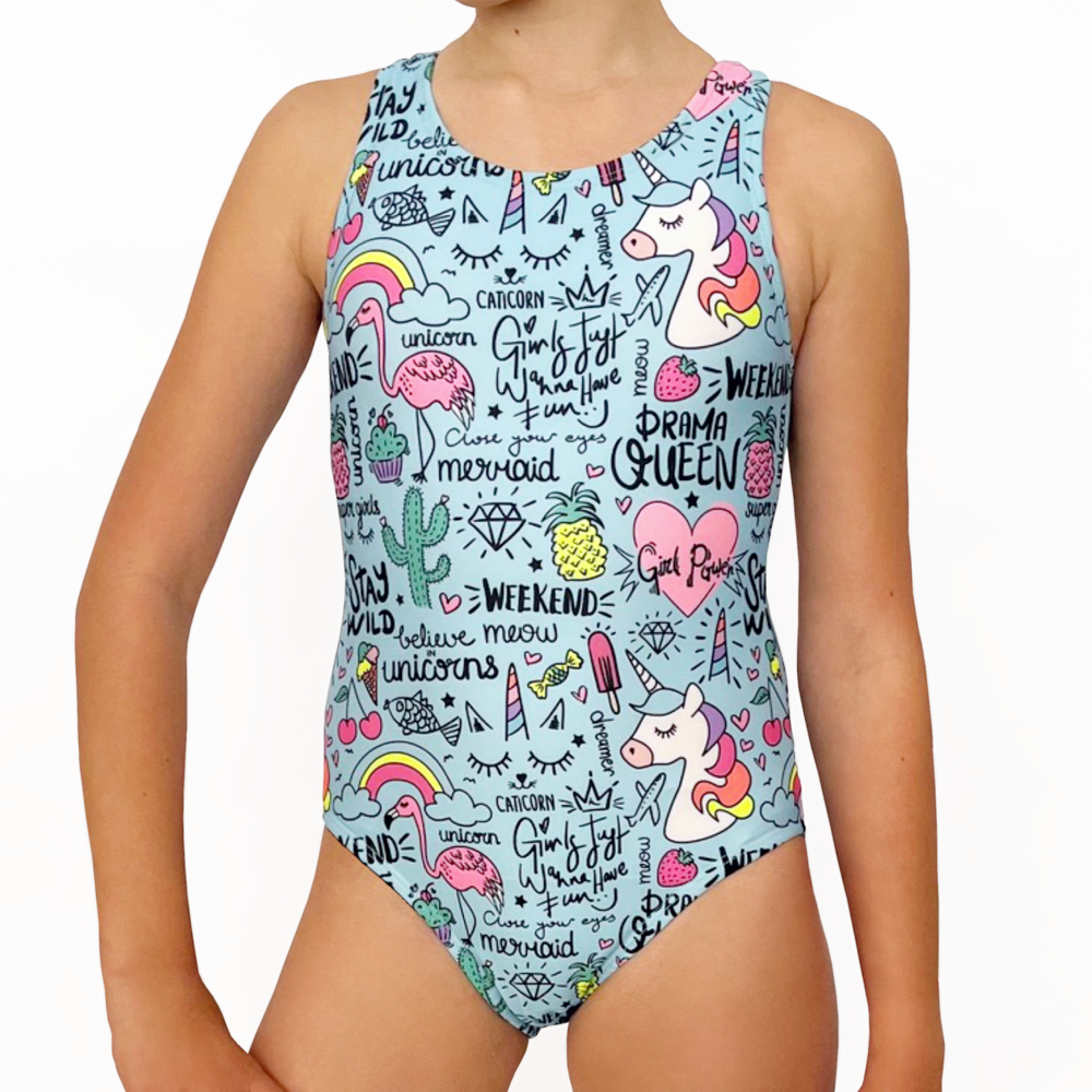 Kikx Extra Life Fastback Swimsuit in Unicorn and Summer Theme on Neon Blue
