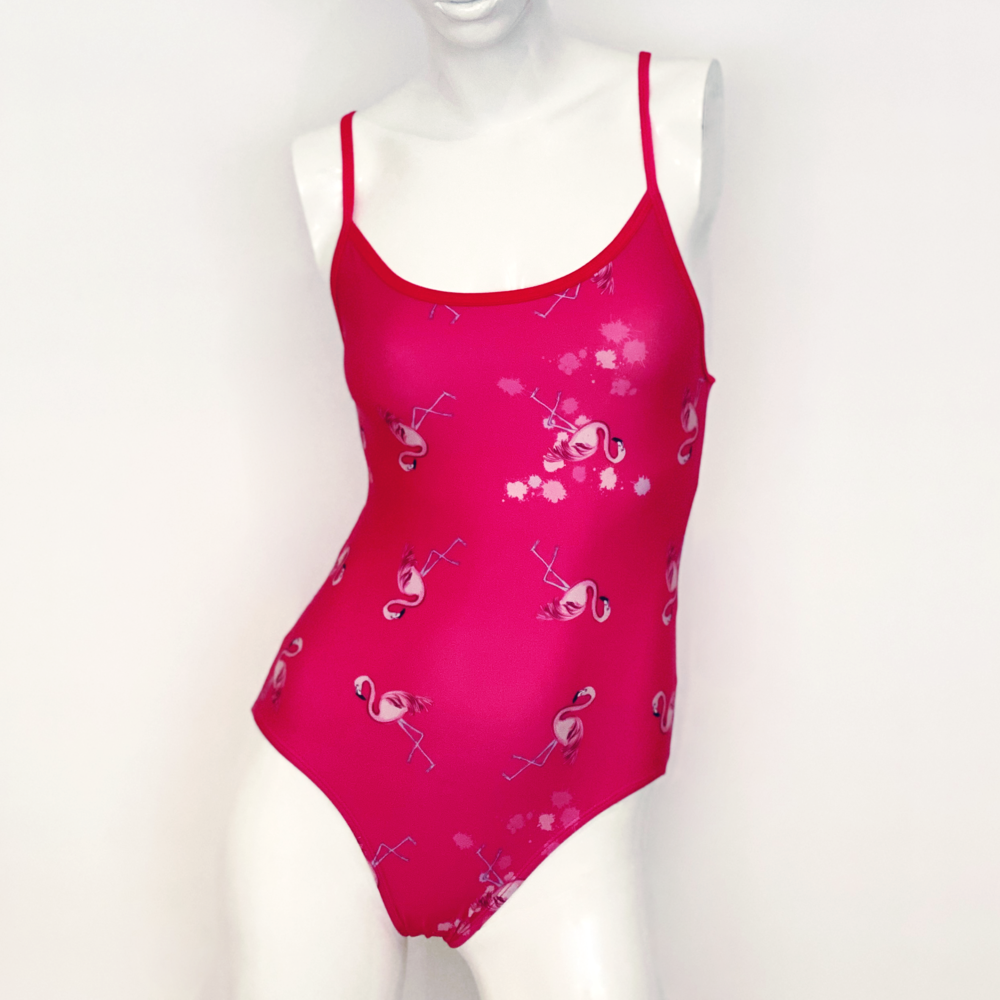 Kikx Extra Life Thin Strap Swimsuit in Full Print Flamingos in Splashes on Bright Pink