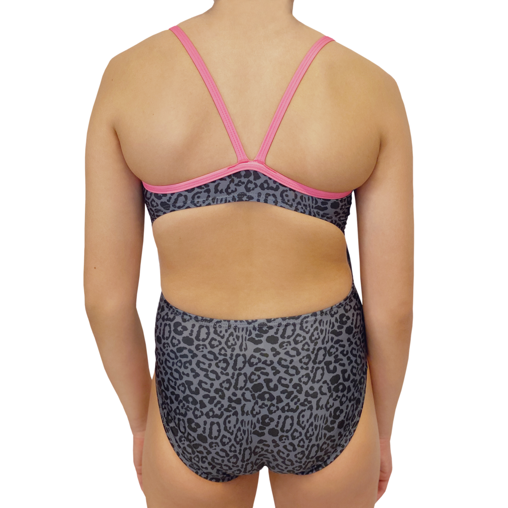 Kikx Extra Life Thin Strap Swimsuit in Leopard Print on Grey and Neon Pink Straps