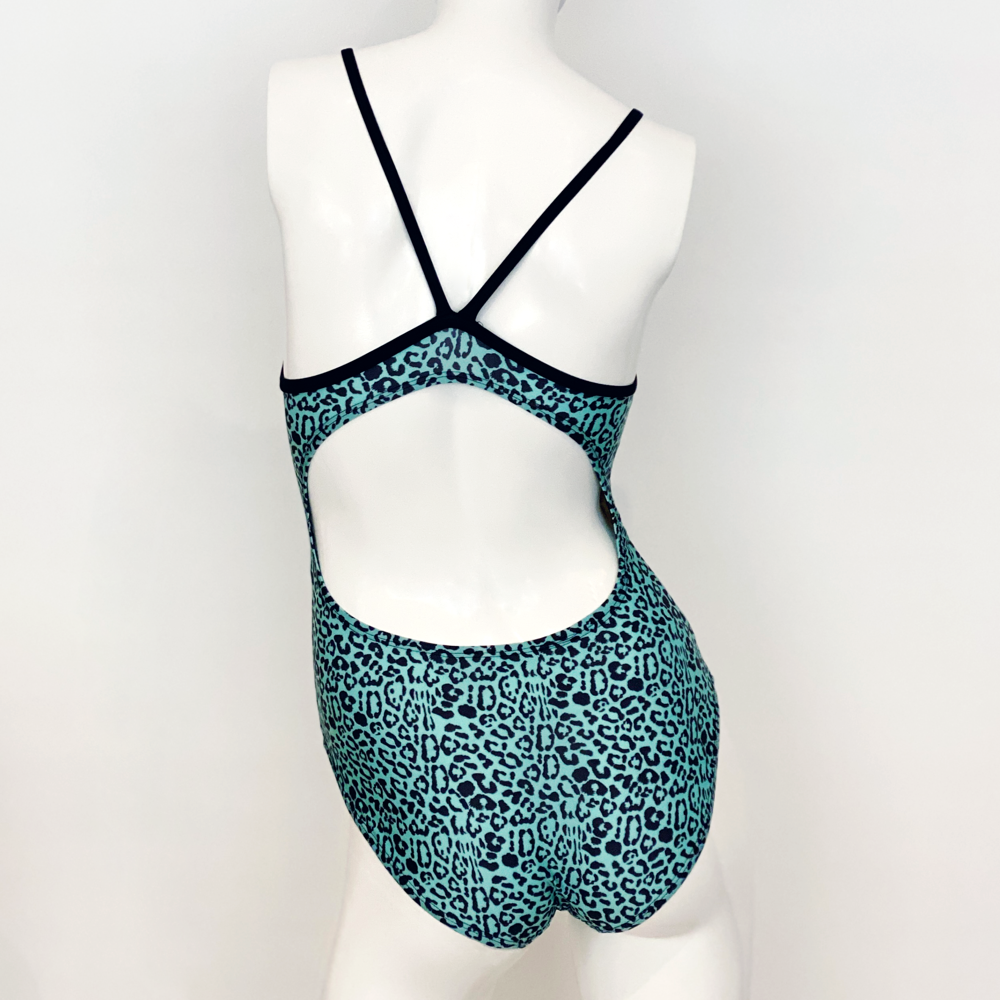 Kikx Extra Life Thin Strap Swimsuit in Full Print Leopard Print on Pale Aquamarine