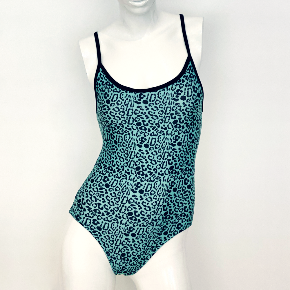 Kikx Extra Life Thin Strap Swimsuit in Full Print Leopard Print on Pale Aquamarine