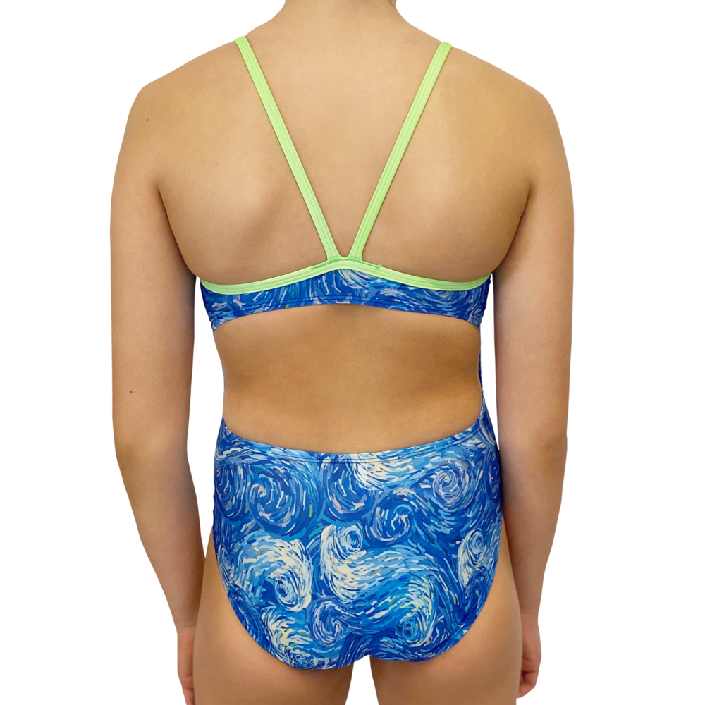 Kikx Extra Life Thin Strap Swimsuit in Van Gogh Style Blues and Lime Brushstroke Swirls and Neon Green Straps