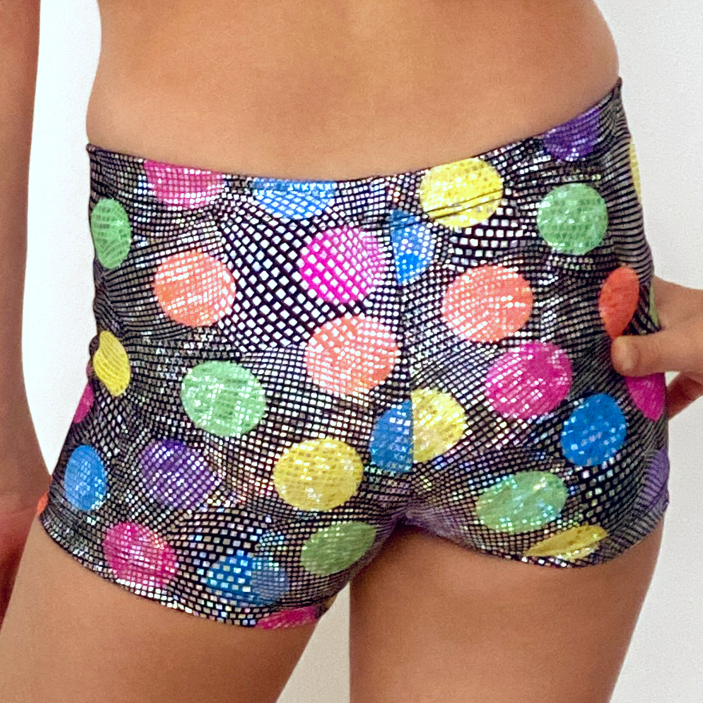Kikx Gymnastics Hot Pants in Hologram Black with Multi-Colour Dots