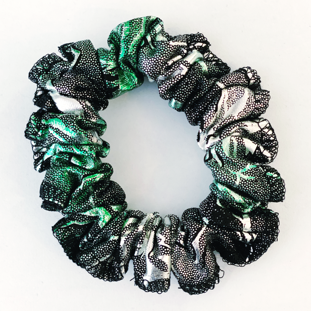 Kikx Gymnastics Hair Scrunchy in Black, Silver and Green Foil