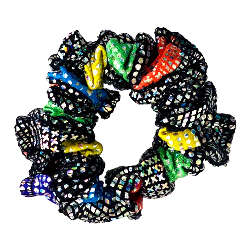 Kikx Gymnastics Hair Scrunchy in Black and Multi-Colour Dots Hologram