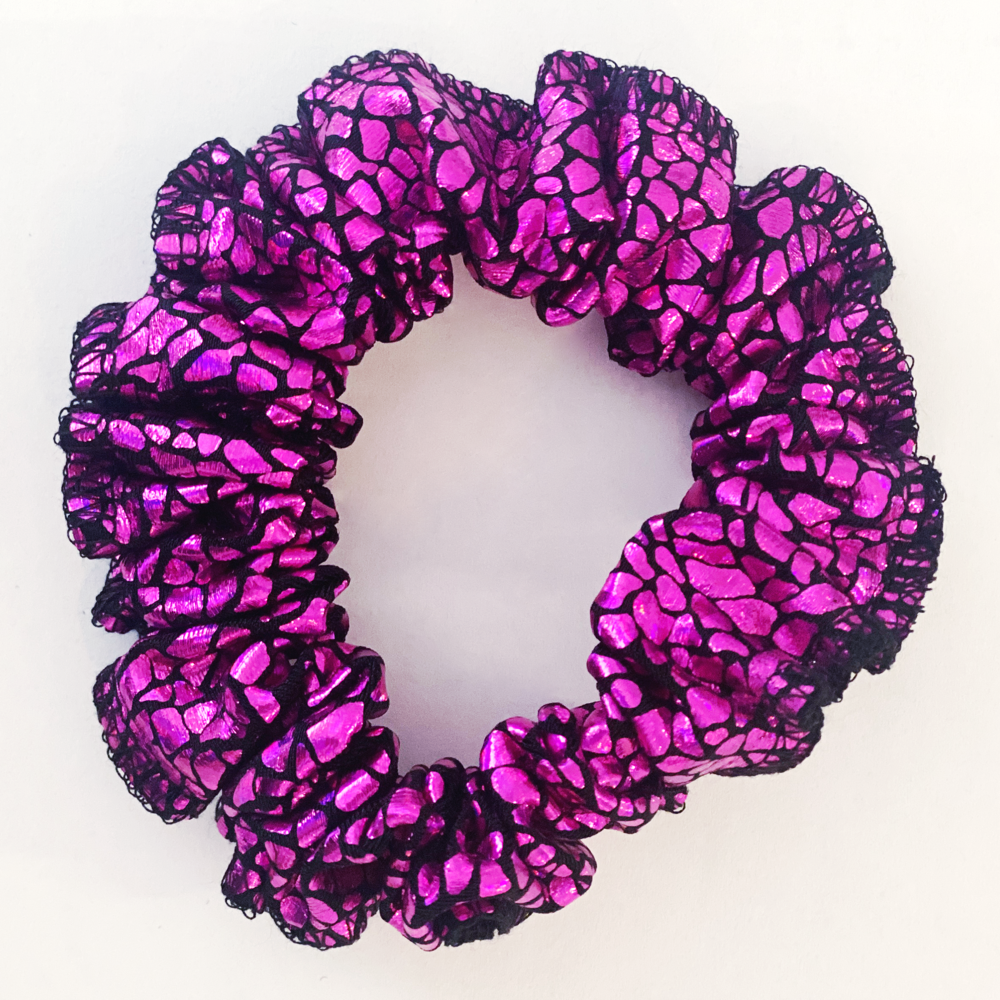 Kikx Gymnastics Hair Scrunchy in Cerise and Black Hologram