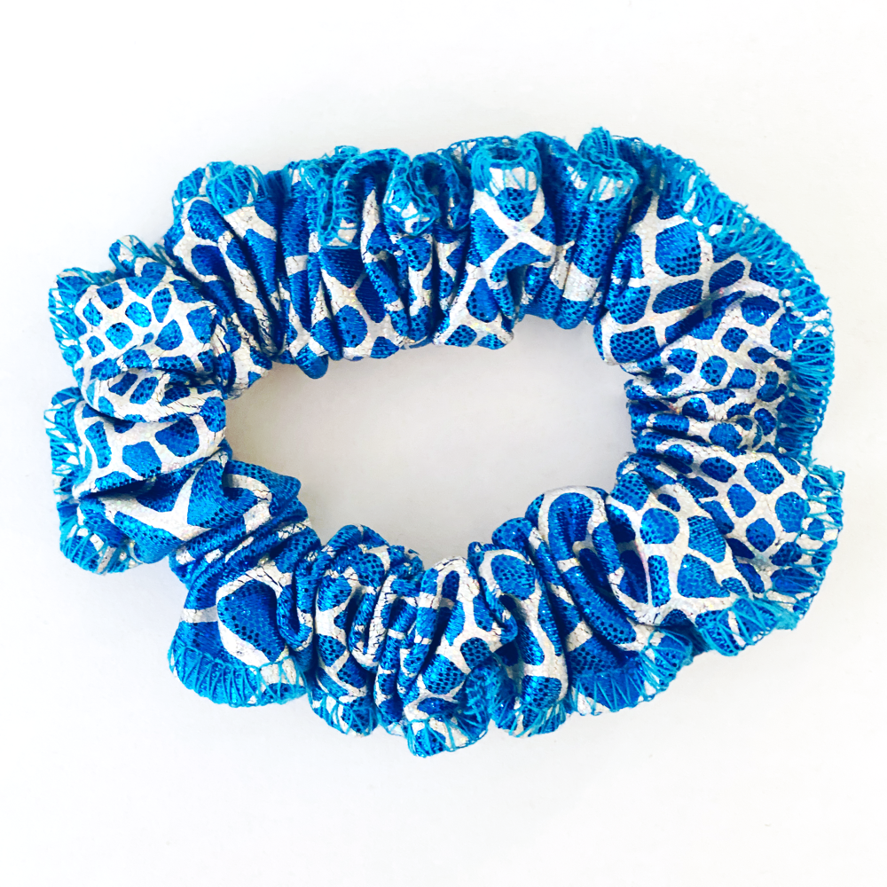 Kikx Mystique Gymnastics Hair Scrunchy in Silver with Blue Shapes