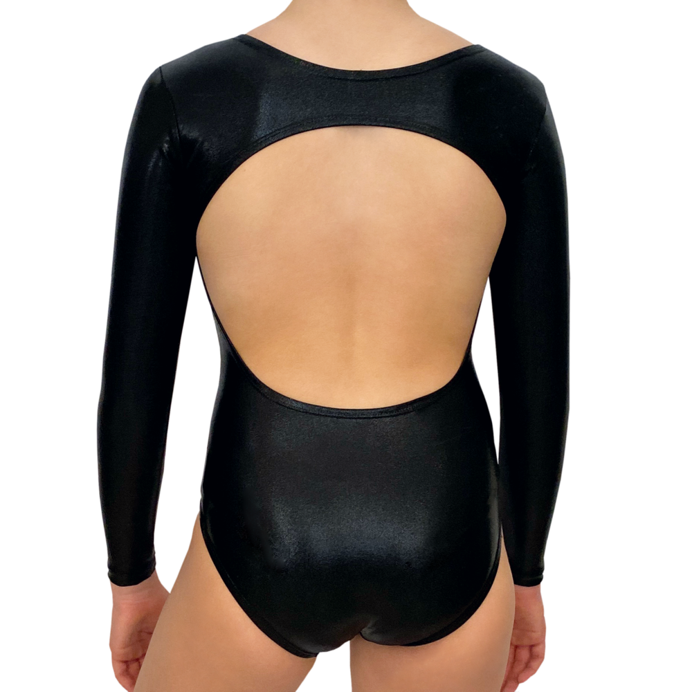 Kikx Mystique Skye Style Long Sleeve Leotard with High Neck, Broad Shoulders and Open Back in Black