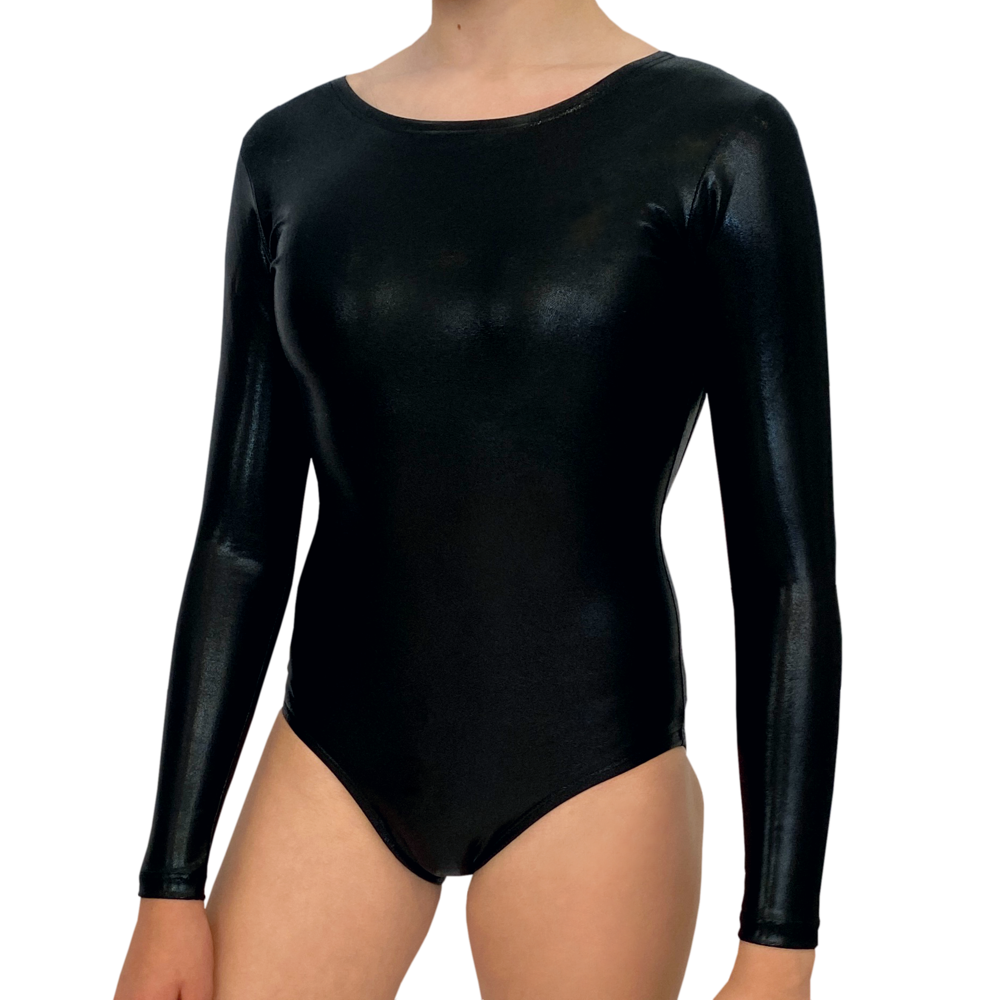 Kikx Mystique Skye Style Long Sleeve Leotard with High Neck, Broad Shoulders and Open Back in Black
