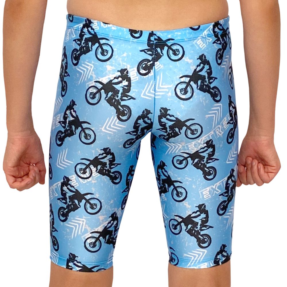 Kikx Extra Life Jammer Swimsuit in Distressed Motorbike Theme on Sky Blue