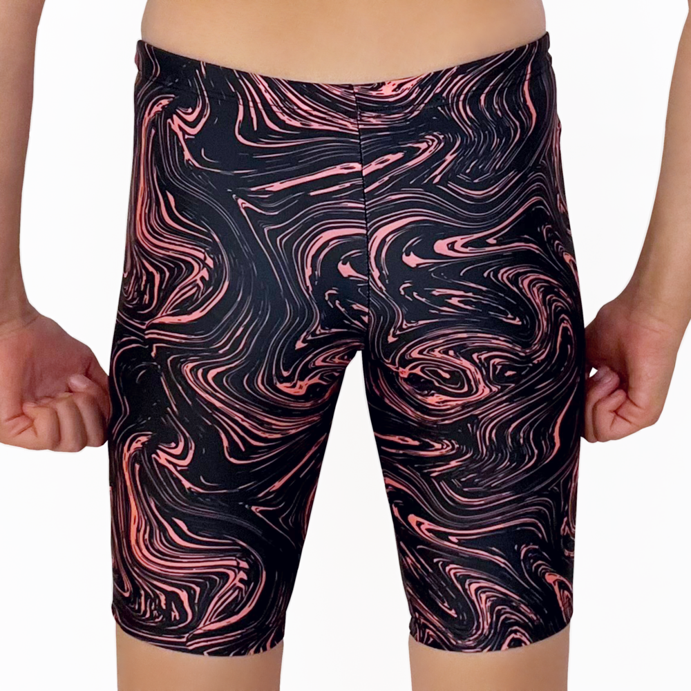 Kikx Extra Life Jammer Swimsuit in Marbled Black and Neon Orange