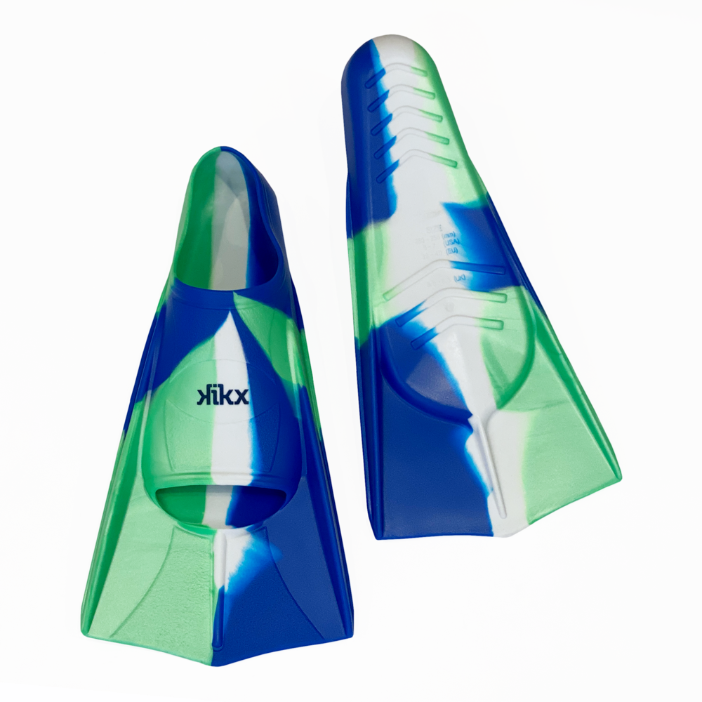 Kikx Short Silicone Training Fin with Multi-colour Blend in Dark Blue, White and Metallic Green